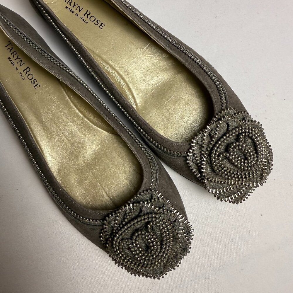 Taryn Rose | Size 37.5, US 7.5 | Grey Flats with Zipper Rose Detail